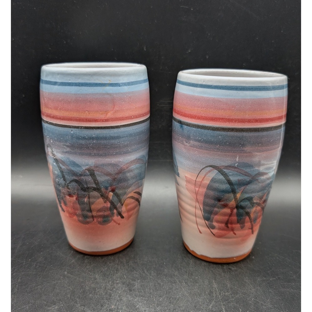 Vintage 1994 Signed Studio Pottery Tumbler Set/2 Abstract Landscape 6"